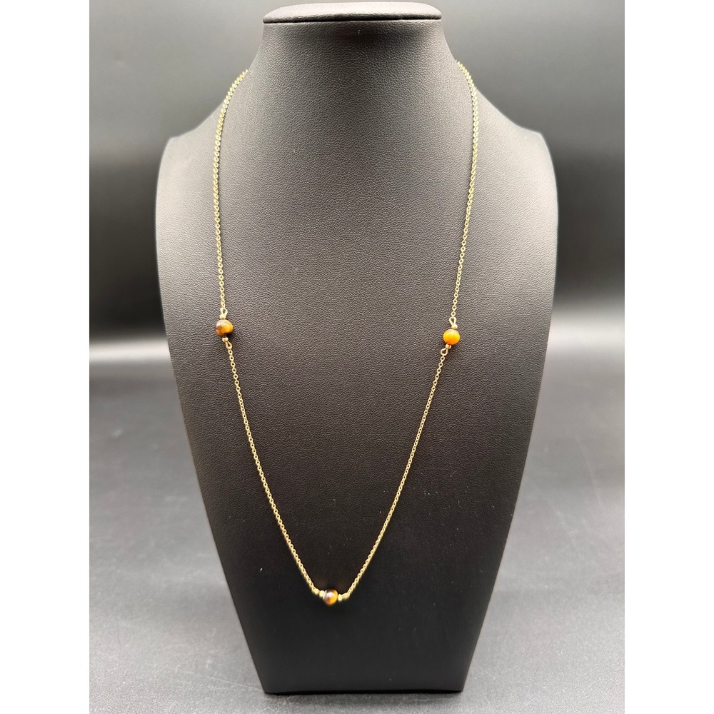 Amway Star Station Necklace Gold Tone Tiger Eye Bead 18" Stationed Brown Stone